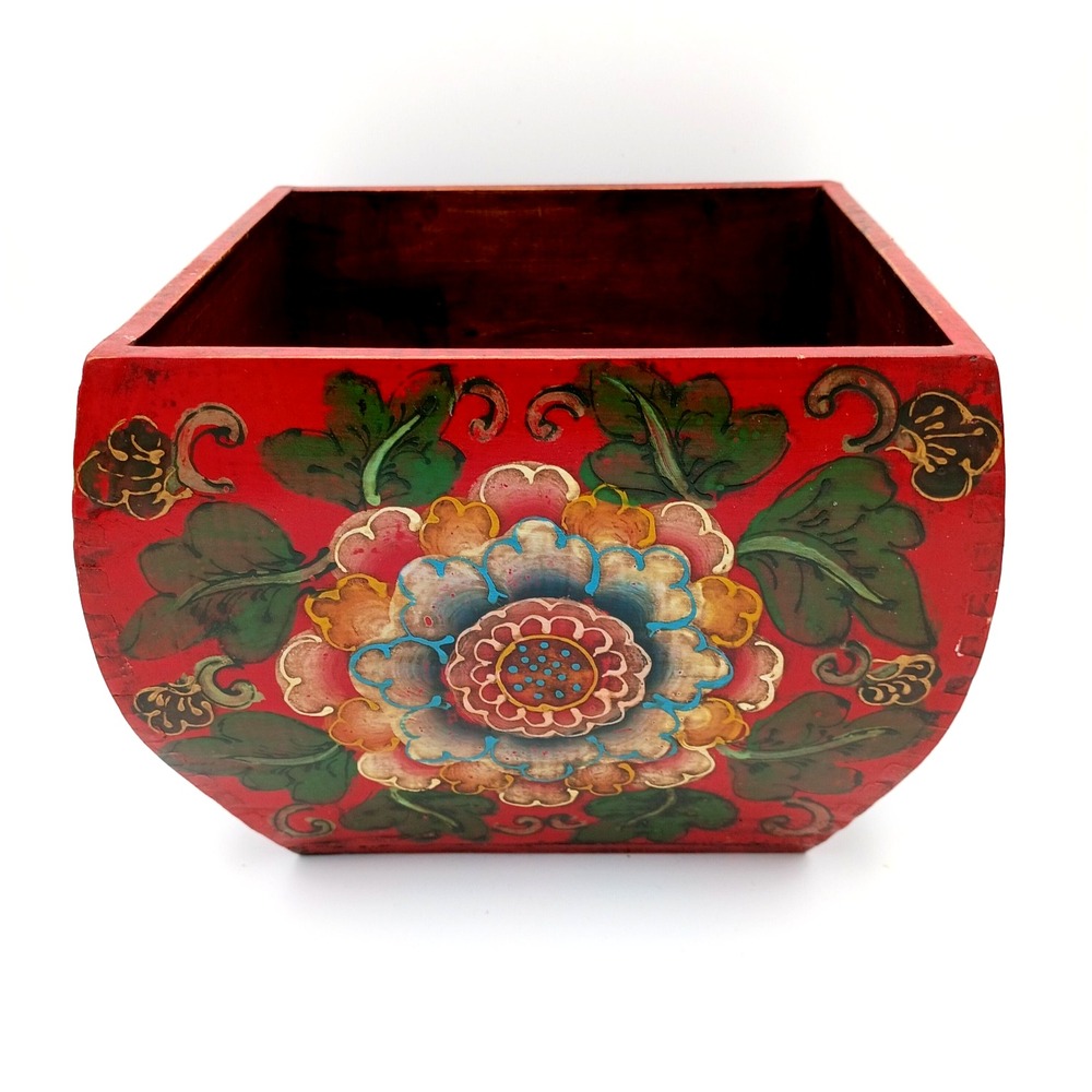 Wooden Dou Rice Grain Box Bucket Red Floral Design Dove Tailed Corners